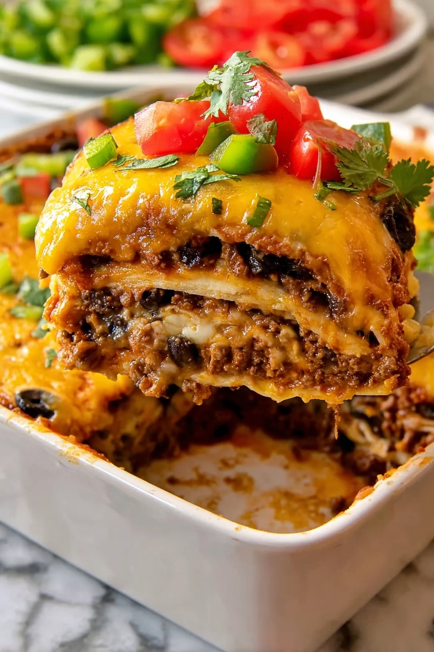 The image shows a slice of multi-layered casserole held above a white baking dish. The casserole has about four layers: thin, golden yellow layer on top with melted cheese, a thick dark brown layer with minced meat and some olives, a lighter creamy yellow layer beneath that, and another meat-cheese mix layer at the bottom. The top is decorated with green bell pepper pieces, small red tomato slices, and a large piece of avocado. The white baking dish has more cheese-covered casserole inside with smooth, glossy, melted cheese showing texture. Around the dish are fresh green bell pepper pieces and red tomato slices. The background has a white marbled texture. photo taken with an iphone --ar 2:3 --v 7