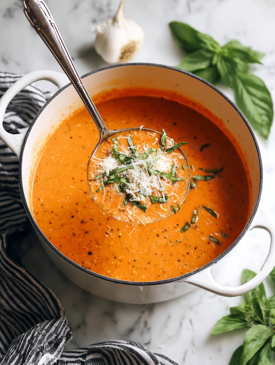 A large white pot filled with creamy tomato basil soup, showing a smooth texture with small black basil specks throughout. A silver ladle holds a scoop of the soup, topped with shredded light-colored parmesan cheese and green basil leaves. Around the pot, fresh green basil leaves and a few cloves of garlic lay on a white marbled surface, with a striped cloth partially visible in the background. photo taken with an iphone --ar 2:3 --v 7