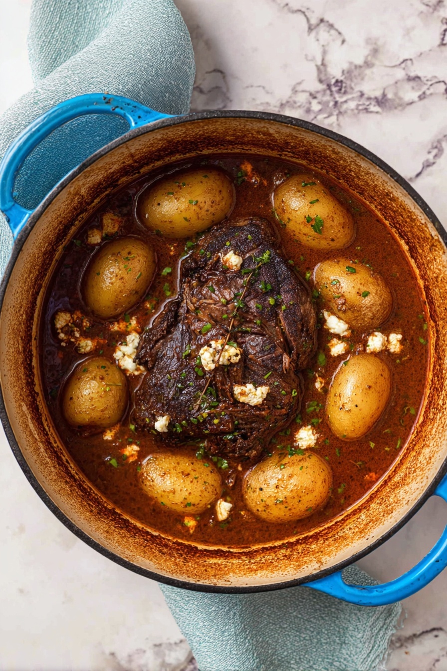 A white plate holds two main layers: at the back, four halved golden-yellow potatoes with a shiny, slightly roasted texture and a light sprinkle of black pepper and green herbs, while at the front, several pieces of tender, dark-brown shredded meat covered in a thick beige creamy sauce with visible pepper flecks and small onion slices, topped with a few white cheese crumbles and a light sprinkle of green herbs. A gold fork lies on the right side of the plate, resting partly on the potatoes and sauce. The dish sits on a white marbled surface. photo taken with an iphone --ar 2:3 --v 7