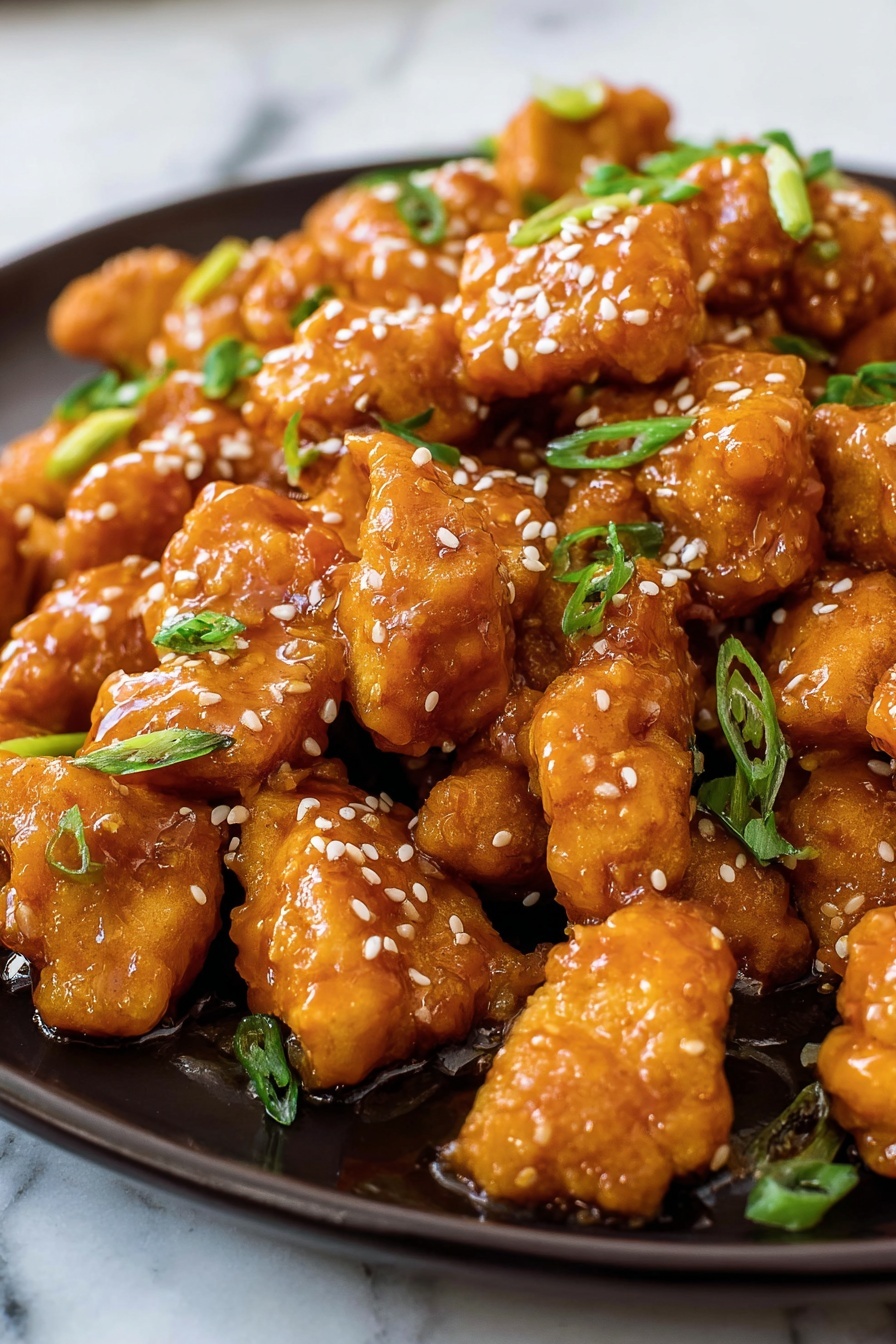 A close-up view of a black plate filled with many small pieces of golden-brown fried chicken coated in a shiny, orange-colored sauce. The chicken pieces are scattered unevenly on the plate, with some pieces overlapping each other. Bright green chopped spring onions and small white sesame seeds are sprinkled evenly on top, adding contrast to the warm colors of the chicken. The plate is set on a white marbled background. photo taken with an iphone --ar 2:3 --v 7