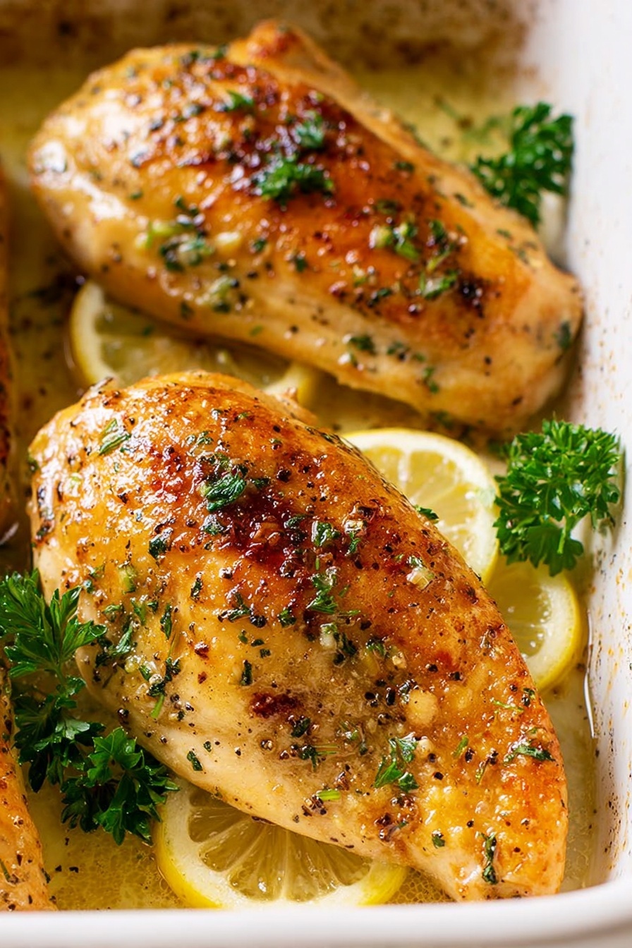 The image shows three golden brown cooked chicken pieces arranged closely in a white dish. Each piece is seared to a crispy texture with a shiny glaze, sprinkled with small green herb bits, and topped with small fresh parsley leaves. Underneath and beside the chicken pieces are thin lemon slices adding bright yellow hints. The dish is seen on a white marbled surface, creating a clean and fresh look. photo taken with an iphone --ar 2:3 --v 7