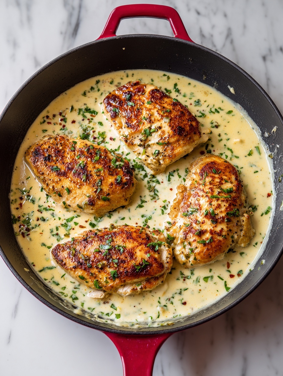 A red cast iron skillet holds four cooked chicken pieces covered in a thick, creamy, light yellow sauce speckled with green herbs, giving it a slightly textured look. The chicken pieces are golden on top with visible browning and seasoning, sitting in the sauce that fills the skillet unevenly. A silver spoon with more sauce rests on the left side of the skillet, partially touching one chicken piece. The background is a white marbled texture. photo taken with an iphone --ar 2:3 --v 7