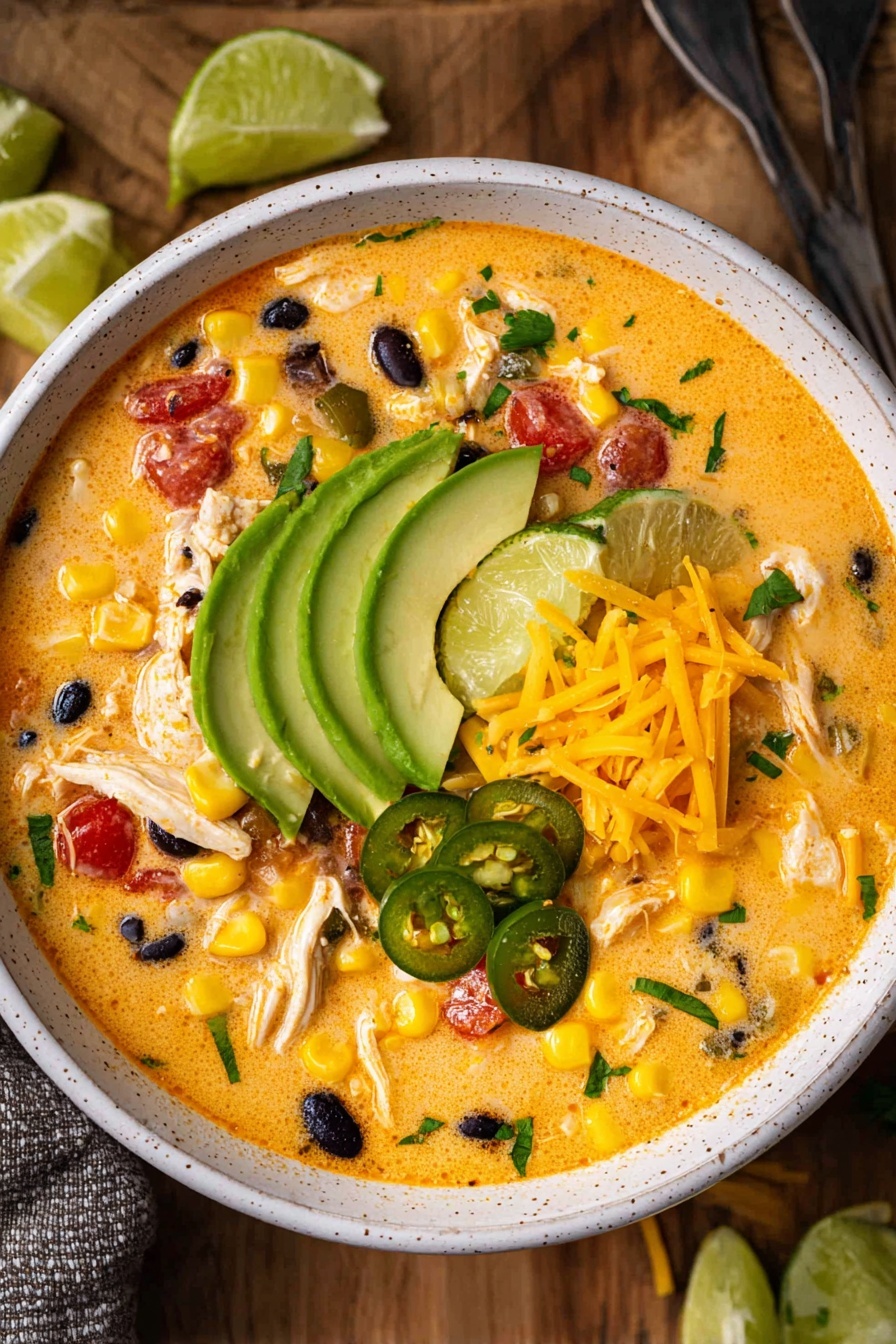 A white bowl filled with creamy orange soup that has visible pieces of shredded white chicken, yellow corn, black beans, and some red chunks, likely tomato or pepper. On top, there are sliced green avocado pieces placed near the center, with three lime wedges resting beside them. There is a small mound of shredded yellow cheese and some green herbs sprinkled around. The bowl sits on a brown wooden surface with lime wedges scattered around. photo taken with an iphone --ar 2:3 --v 7