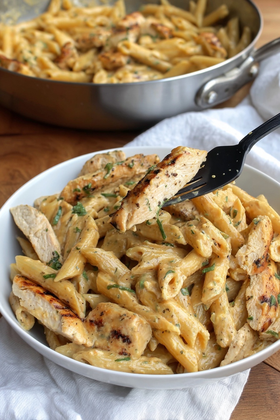 A white plate filled with creamy penne pasta mixed with light brown grilled chicken strips. The pasta and chicken are covered in a beige sauce with flecks of green herbs. There are small white shreds of cheese sprinkled over the top and ground black pepper scattered across. A black fork rests on the right edge of the plate. In the background, a metal pan holds more of the pasta dish, sitting on a wooden table next to a white cloth. The whole scene is set on a white marbled surface. photo taken with an iphone --ar 2:3 --v 7