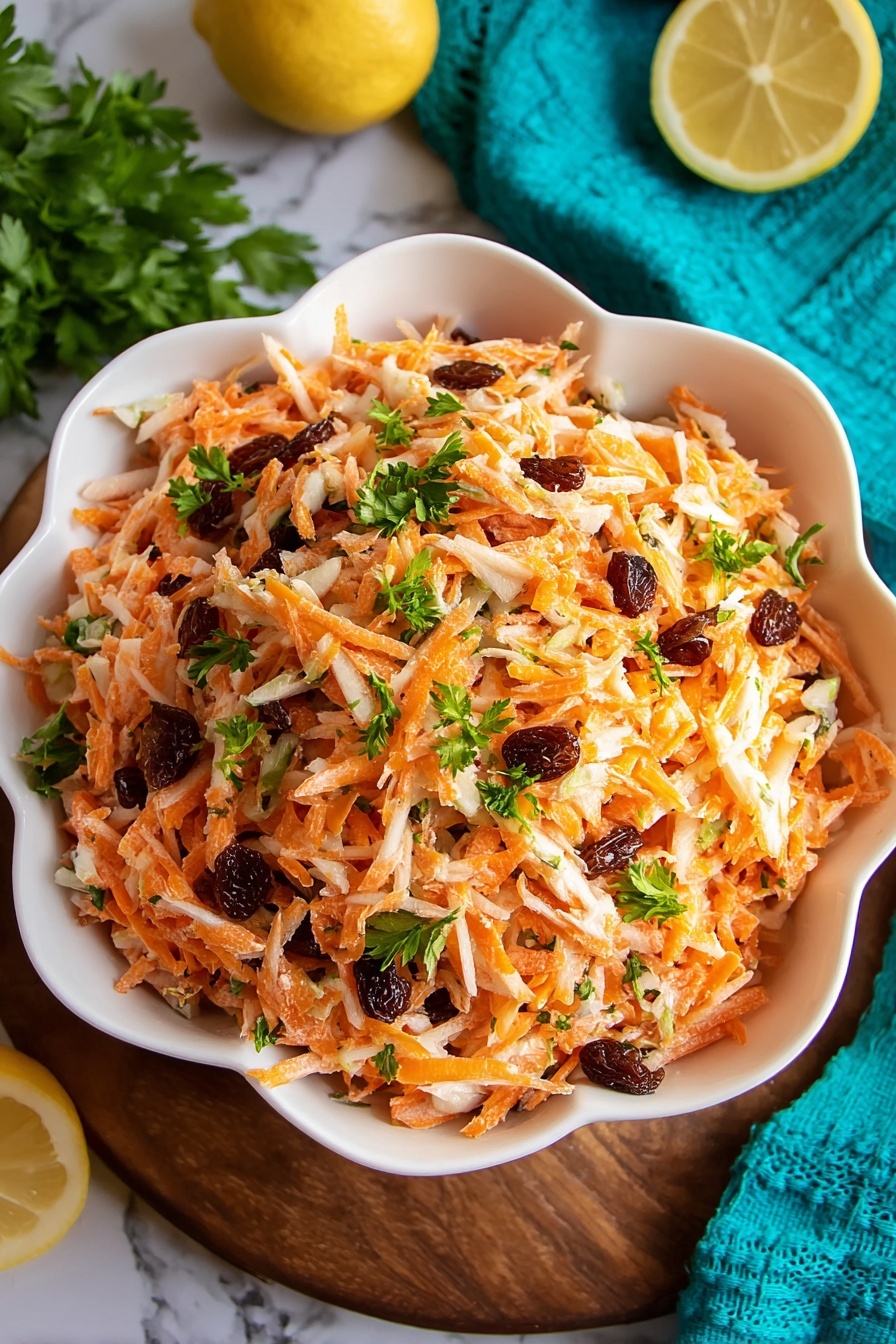 The image shows a white bowl filled with a shredded salad made of two main layers: light orange shredded carrots and light cream-colored shredded pieces, likely radish or turnip, mixed evenly throughout. Dark brown raisins are scattered on top, providing contrast among the shredded vegetables. Bright green parsley leaves are sprinkled over the salad, adding pops of color and freshness. The bowl is placed on a wooden board on a white marbled surface with a blue cloth nearby, and a lemon cut in half is partially visible at the bottom left corner. Photo taken with an iphone --ar 2:3 --v 7