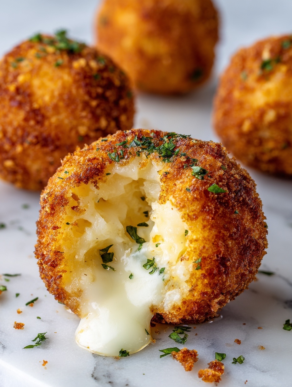 The image shows a golden brown, crispy fried ball with a rough textured outer layer. The ball is broken open, revealing a soft, creamy, smooth white filling inside that looks like mashed potato with a melted cheese center in the middle. Small green herb pieces are sprinkled on the crispy surface and scattered around it on white parchment paper, which rests on a white marbled surface. The focus is sharp on the broken ball, while other similar fried balls appear blurred in the background. photo taken with an iphone --ar 2:3 --v 7
