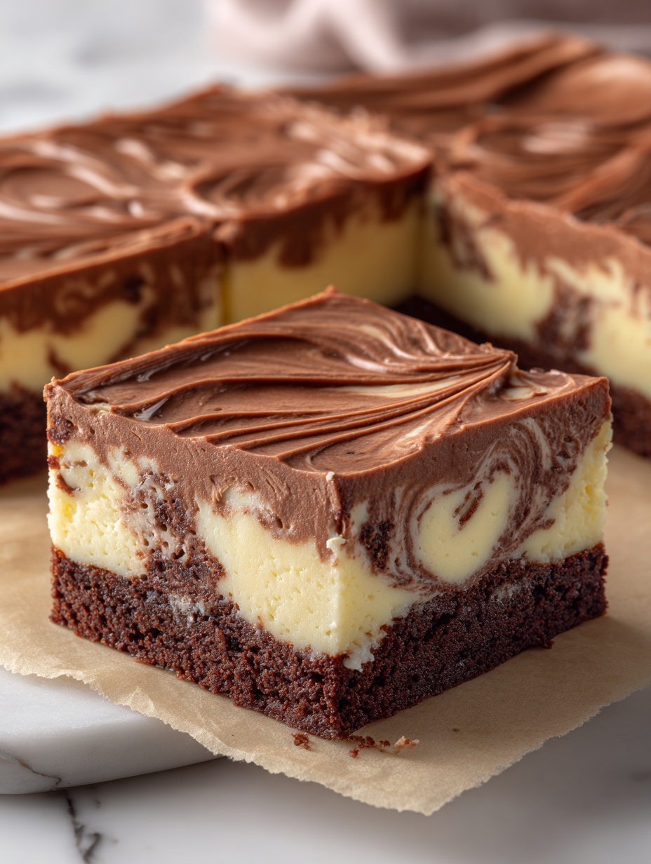 The image shows a square piece of marble cake with three visible layers placed on a white marbled surface. The bottom layer is a light yellow color with a slightly soft texture, the middle layer is a dark brown marbled mix of chocolate and yellow cake swirls, and the top layer is thick and creamy with a smooth texture in a light tan color. The top cream layer is evenly spread with gentle curved peaks adding texture. The cake is surrounded by the same creamy tan topping that looks freshly spread, with some spread around the base. Photo taken with an iphone --ar 2:3 --v 7