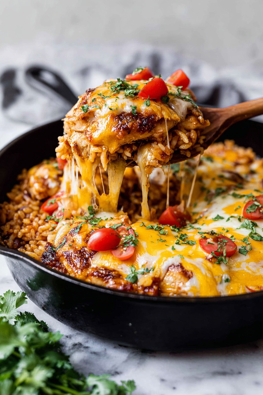 A large black cast iron pan holds a layered dish where the bottom layer is a mix of cooked rice and beans in light brown and beige colors. On top of this is a layer of melted yellow and white shredded cheese, with some fresh chopped green cilantro scattered across. There are small pieces of bright red cherry tomatoes placed evenly on the cheese. The top layer features browned chicken thighs with a glossy, slightly shiny skin sprinkled with small bits of green cilantro. A wooden spoon is lifting one piece of chicken from the center, showing some stringy melted cheese stretching down. The pan sits on a white marbled surface with a small bunch of cilantro placed nearby. Photo taken with an iphone --ar 2:3 --v 7