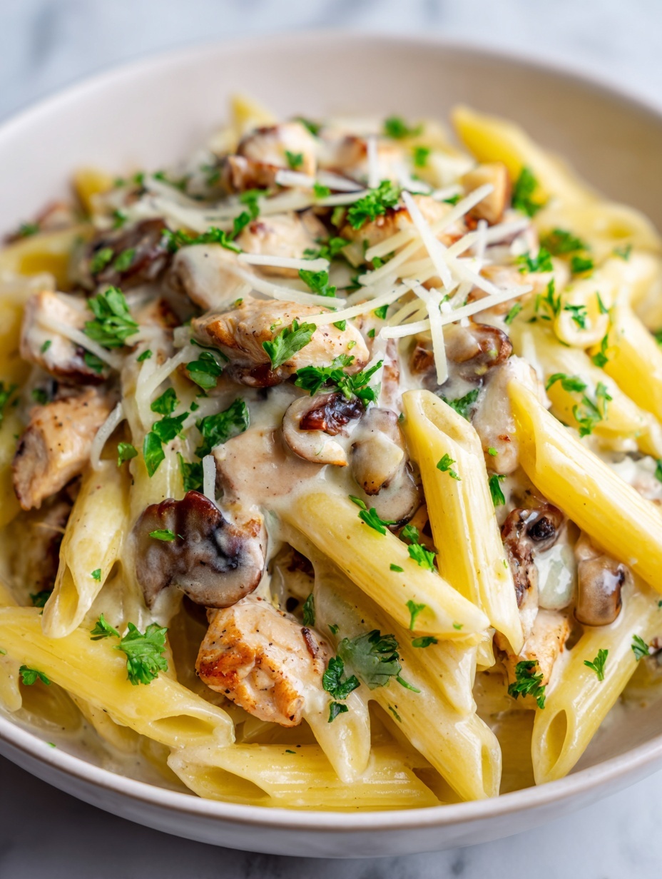 The dish shows creamy pasta with penne noodles layered all over, pale yellow in color and smooth in texture. Mixed throughout are pieces of light-brown mushrooms, and bits of white chicken meat, coated in a thick, creamy white sauce. The pasta is topped with small green parsley leaves and thin strands of grated white cheese lightly scattered on top. The whole dish sits on a white marbled surface. photo taken with an iphone --ar 2:3 --v 7