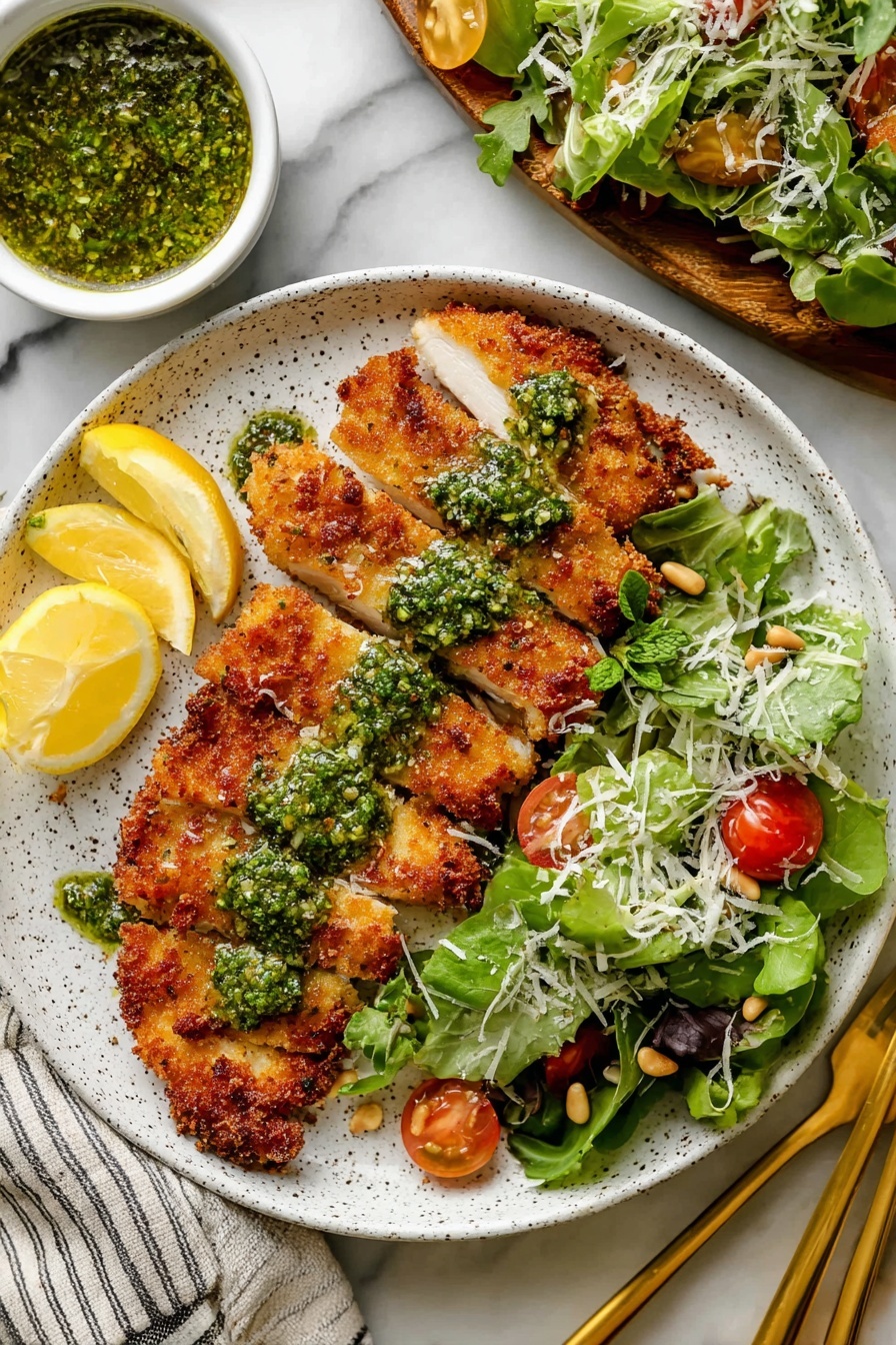 The image shows a white speckled plate with a cut piece of crispy fried chicken on the right side, topped with green herb sauce and some white cheese bits. To the left, the chicken is sliced into strips with the green sauce drizzled over each slice. Near the chicken, there is a yellow lemon wedge with some of the green sauce around it. Above the chicken on the plate, there is a fresh green salad with mixed leafy greens, cherry tomato halves, and some pine nuts. At the top left of the plate, a small white bowl holds extra green herb sauce sprinkled with red chili flakes. The entire plate is placed on a white marbled surface. Photo taken with an iphone --ar 2:3 --v 7