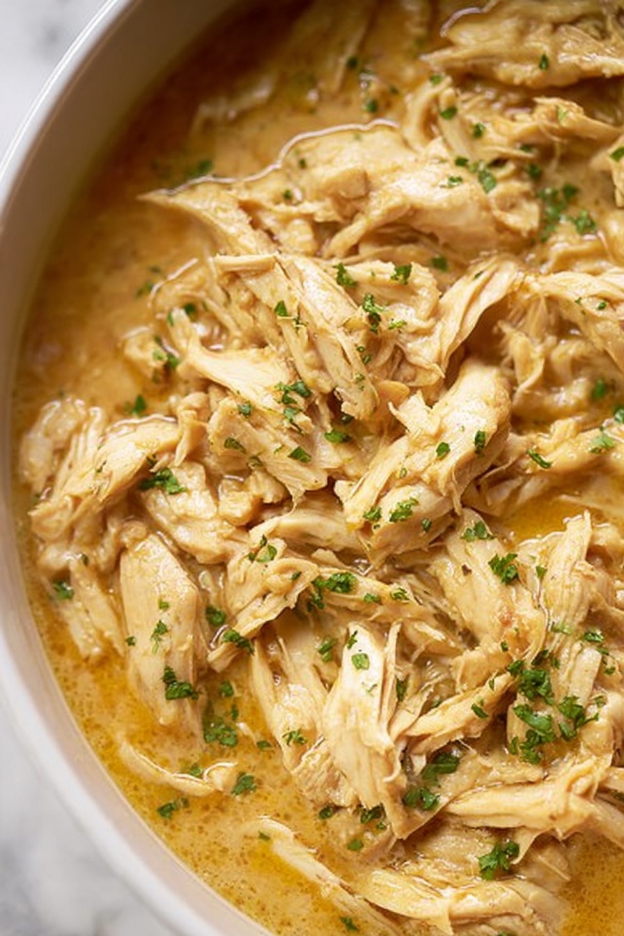 The image shows a close-up of shredded light beige chicken pieces layered in thick, creamy golden sauce with a smooth texture. Small bits of green herbs are sprinkled evenly across the chicken, adding contrast and freshness. The sauce looks glossy and covers the chicken well, filling all the gaps between the meat strands. The background is a white marbled texture that enhances the warm colors of the dish. photo taken with an iphone --ar 2:3 --v 7