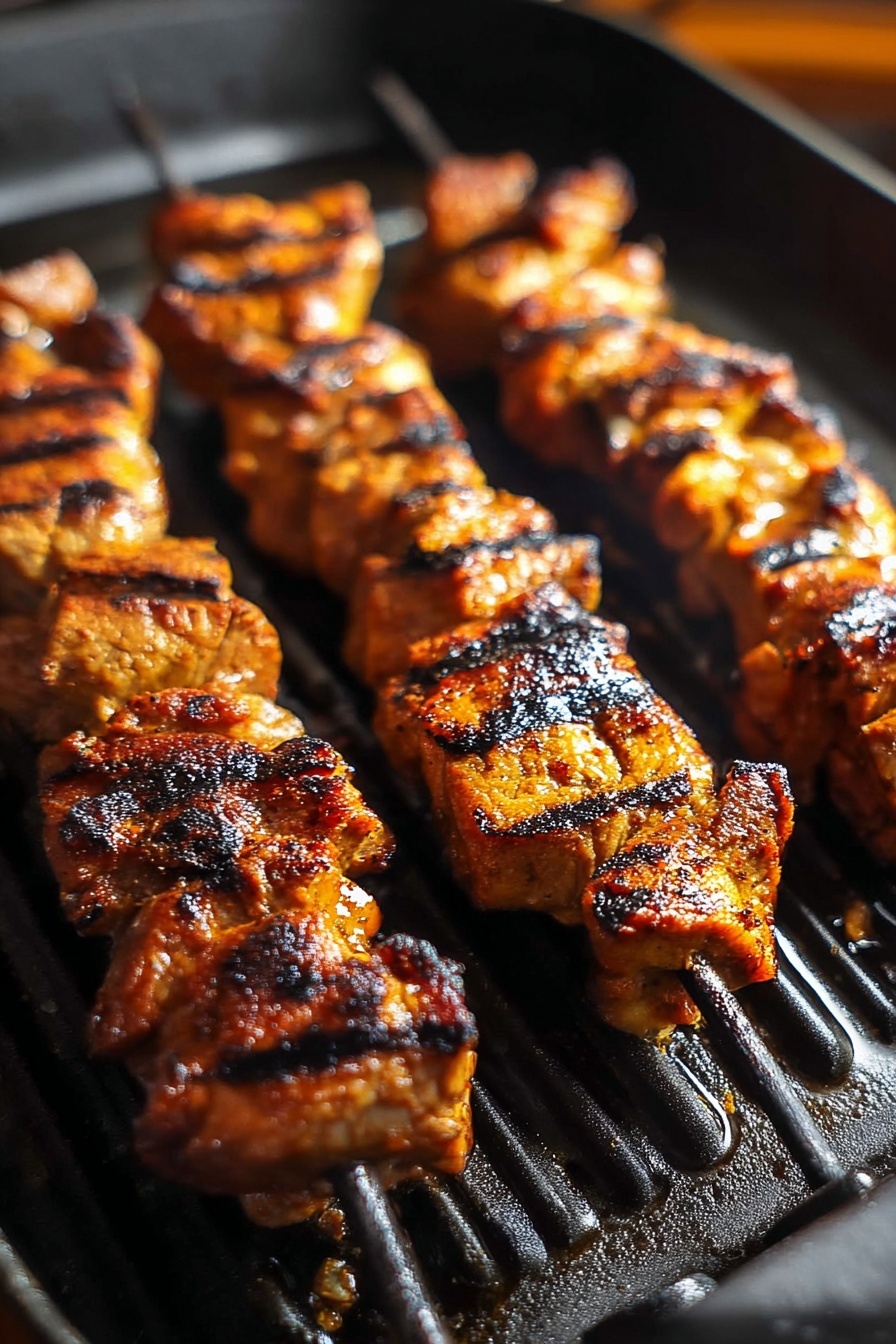 Three skewers of grilled chicken lie horizontally on a black grill pan with ridges. Each skewer holds several chunks of chicken that are golden brown with dark grill marks across their surfaces. The grilled chicken pieces are shiny with oil and have a mix of lightly charred and well-cooked textures. The background is a white marbled surface. photo taken with an iphone --ar 2:3 --v 7