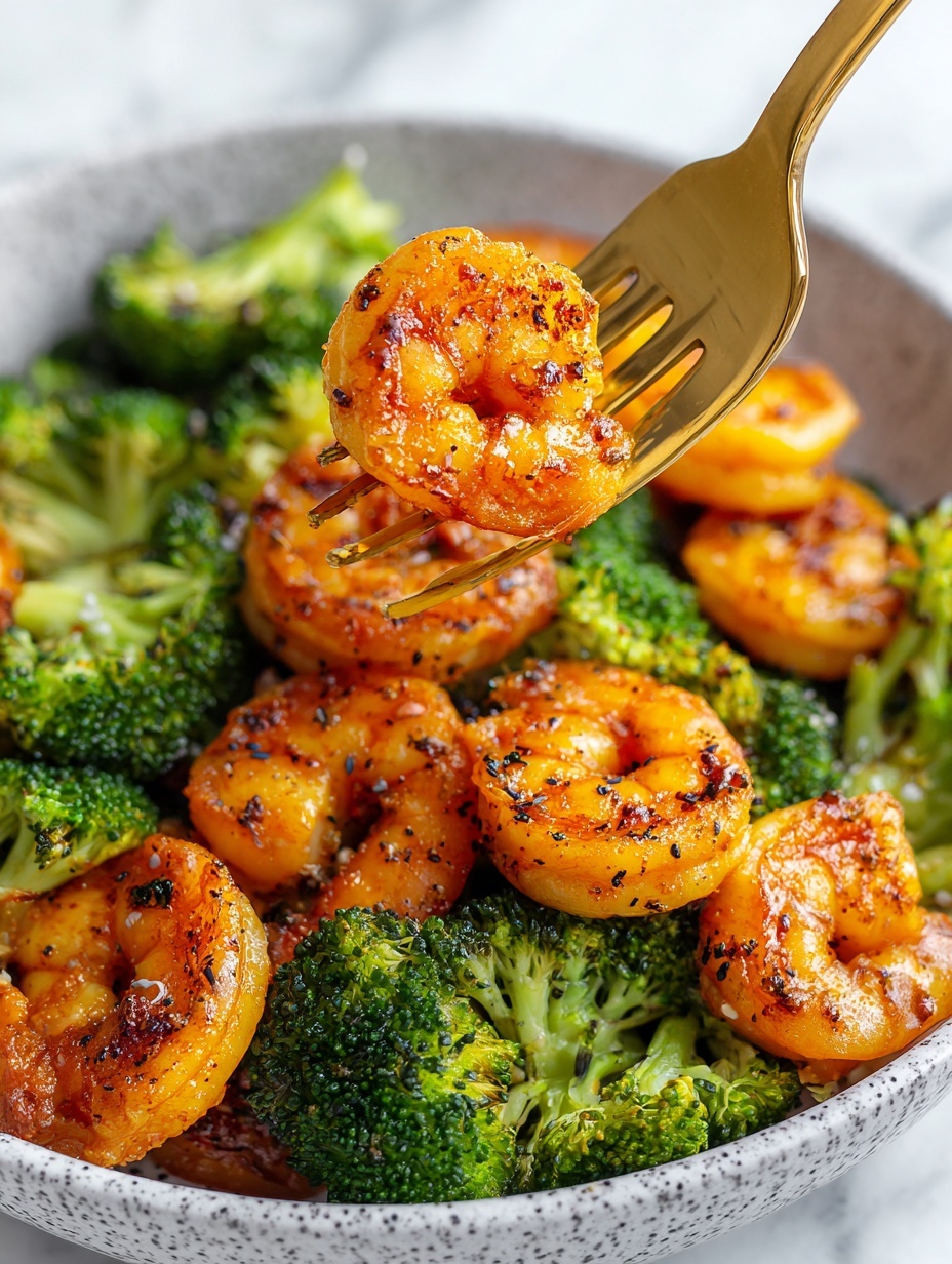 The image shows a close-up view of cooked shrimp and broccoli. The shrimp layer is bright orange with slight charring and a glossy texture, each shrimp curled and tightly packed. The broccoli layer underneath is vibrant green with a slightly roasted look, showing some browned edges and a rough texture. A silver fork holds one shrimp up in the foreground, with visible grill marks and seasoning. Small pieces of green herbs are scattered across the dish. The background is a soft, out-of-focus white marbled texture. photo taken with an iphone --ar 2:3 --v 7