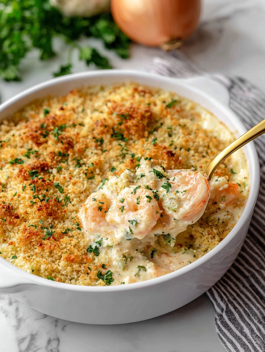 This image shows a white pan filled with a creamy dish topped with a layer of golden brown breadcrumbs and sprinkled with small green parsley leaves. A silver spoon is scooping a portion from the dish, revealing tender shrimp pieces and a rich creamy texture beneath the breadcrumb layer. The background includes a whole onion, a green bell pepper, and a gray and white striped cloth, all set on a white marbled surface. Photo taken with an iphone --ar 2:3 --v 7