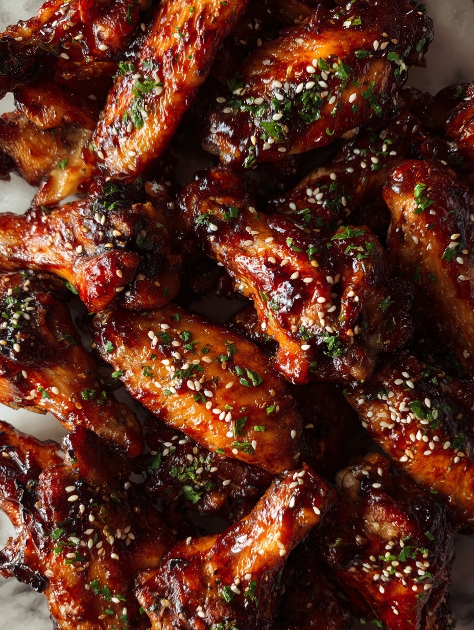 The image shows a pile of glossy, dark brown chicken wings coated in a sticky sauce with a shiny texture. The wings have some charred spots and are sprinkled with white sesame seeds and small bits of green herbs. They are served on light brown parchment paper that lines a container or tray. The background is a white marbled surface. The overall look is rich and savory with a hint of crispiness on the wings. photo taken with an iphone --ar 2:3 --v 7