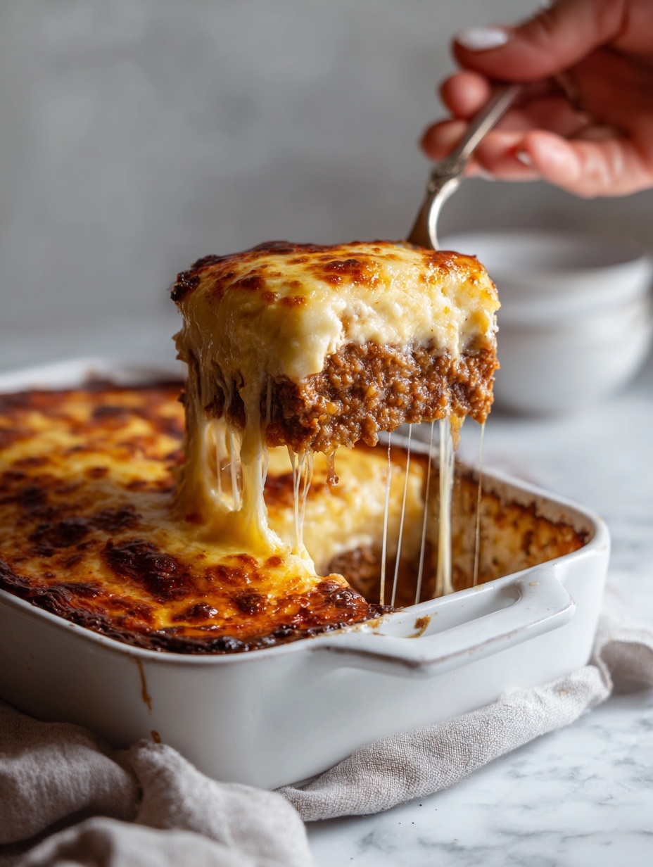 A white rectangular baking dish filled with a layered baked casserole. The top layer is golden-brown melted cheese, slightly browned in some spots, with a bubbly texture. Below the cheese, there is a thick layer of creamy sauce mixed with browned ground meat, showing a soft and rich texture. A woman's hand holds a fork lifting a large scoop from the dish, revealing the layers inside and the stretchy melted cheese connecting the scoop to the rest of the casserole. The dish is set on a white marbled surface. photo taken with an iphone --ar 2:3 --v 7