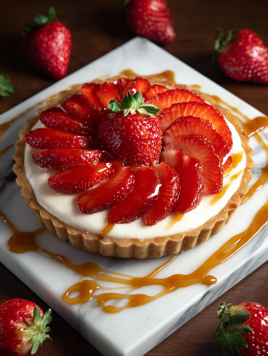 A small tart sits in the center of a white marble square plate, with a golden-brown crust as the base layer. On top of the crust is a thick, white creamy layer that fills most of the tart's inside. Fresh red strawberry slices are arranged in a circular pattern, overlapping each other on the cream, with a whole strawberry placed in the middle. Around the tart on the white marble plate, there is a swirl of caramel sauce creating a decorative ring. The plate is placed on a dark wooden table, and fresh whole strawberries surround the plate in the scene. photo taken with an iphone --ar 2:3 --v 7