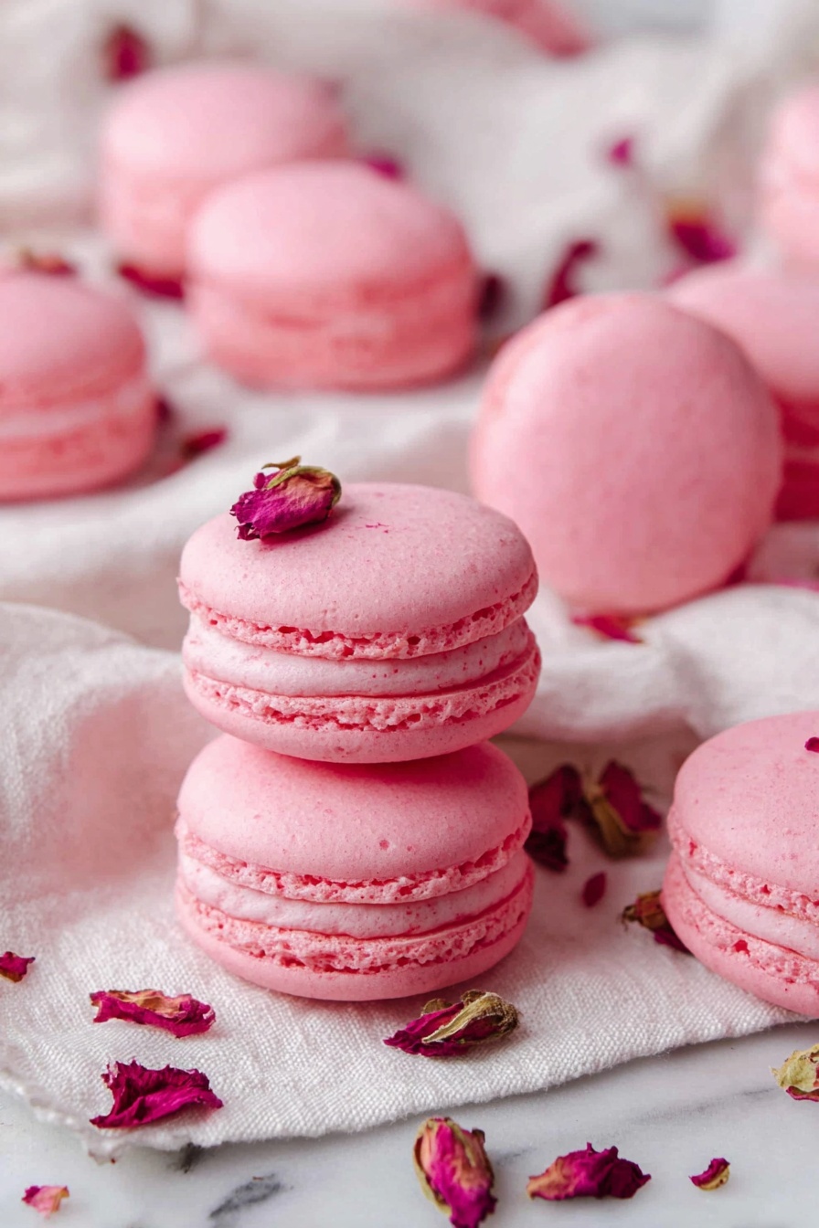 The image shows several pink macarons arranged on a white marbled surface with some dried flower petals scattered around. Each macaron has two smooth, round shells with a slightly rough texture, and a lighter pink creamy filling layered evenly in the middle. Two macarons are placed in the front, leaning slightly against each other, showing their three distinct layers clearly: the top shell, the cream filling, and the bottom shell. In the background, more macarons are softly focused, adding depth to the scene. The soft lighting highlights the delicate texture of the shells and the smooth filling, making the pink color look vibrant and inviting. photo taken with an iphone --ar 2:3 --v 7