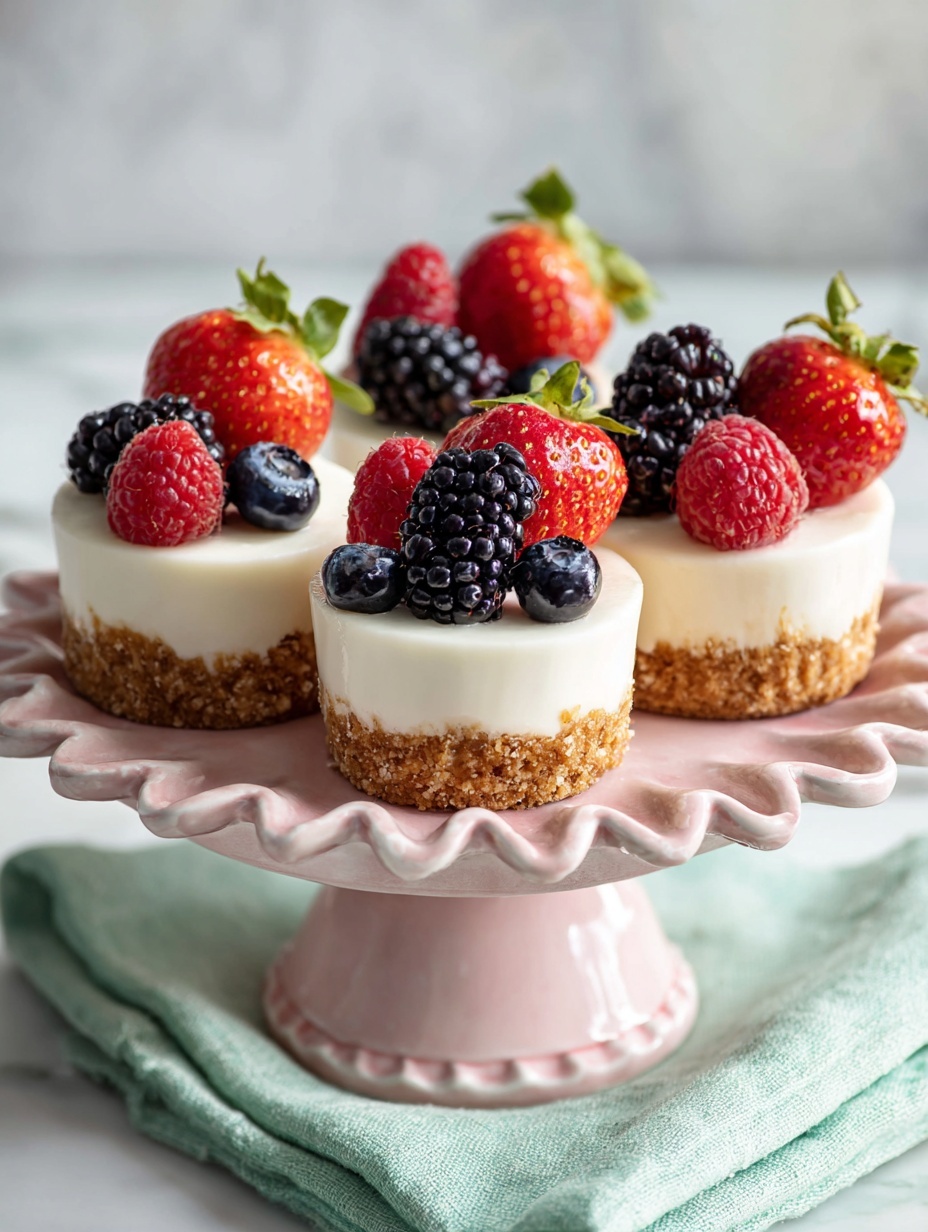 This image shows four small fruit tarts on a pink cake stand with a scalloped edge. Each tart has three layers: the bottom layer is a golden-brown crumbly crust, the middle layer is a smooth, white cream filling with a slightly piped texture, and the top layer is a mix of fresh berries including red strawberries, dark blackberries, and deep blue blueberries, all shiny and juicy. The pink cake stand is set on a soft light green cloth, and the background is a white marbled texture. photo taken with an iphone --ar 2:3 --v 7