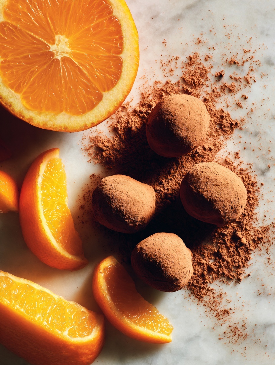 There are about eighteen round chocolate truffles covered in brown cocoa powder arranged loosely on a white marbled surface. Around the truffles, there are several thin orange peel strips scattered. To the left, a half orange with bright orange flesh is placed, and below it is a small orange wedge with its peel visible. The cocoa powder is also lightly smudged around some truffles, adding texture to the layout. photo taken with an iphone --ar 2:3 --v 7