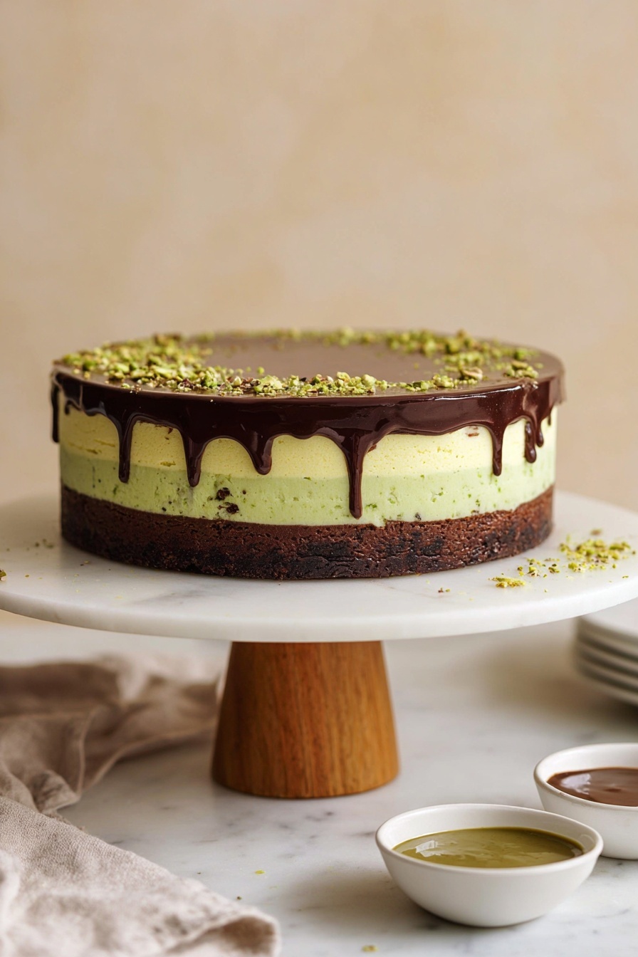A round metal baking pan with one layer of light green shredded texture filling the bottom and a thick layer of glossy dark brown liquid spread over part of the shredded layer, creating a half-covered look. The pan sits on a white marbled surface. Photo taken with an iphone --ar 2:3 --v 7