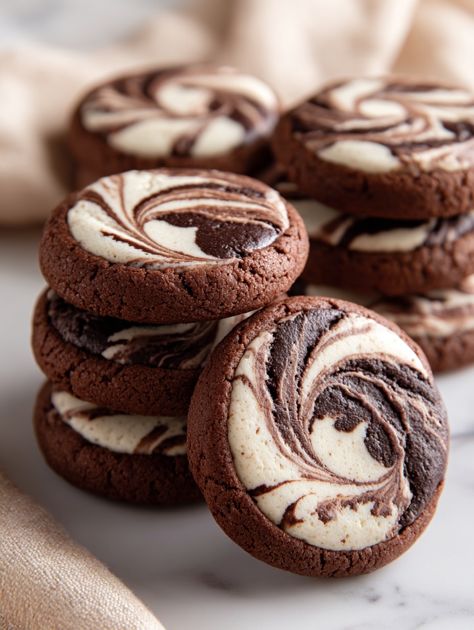The image shows four round chocolate cookies placed on a white marbled surface. Each cookie has one thick layer of swirled topping made of dark brown chocolate and white cream, mixed together in a smooth, spiral pattern on top of the dark brown cookie base. The cookies have a soft and slightly cracked texture around the edges, with the swirled topping glossy and creamy, creating a contrast between the matte base and shiny surface. Photo taken with an iphone --ar 2:3 --v 7