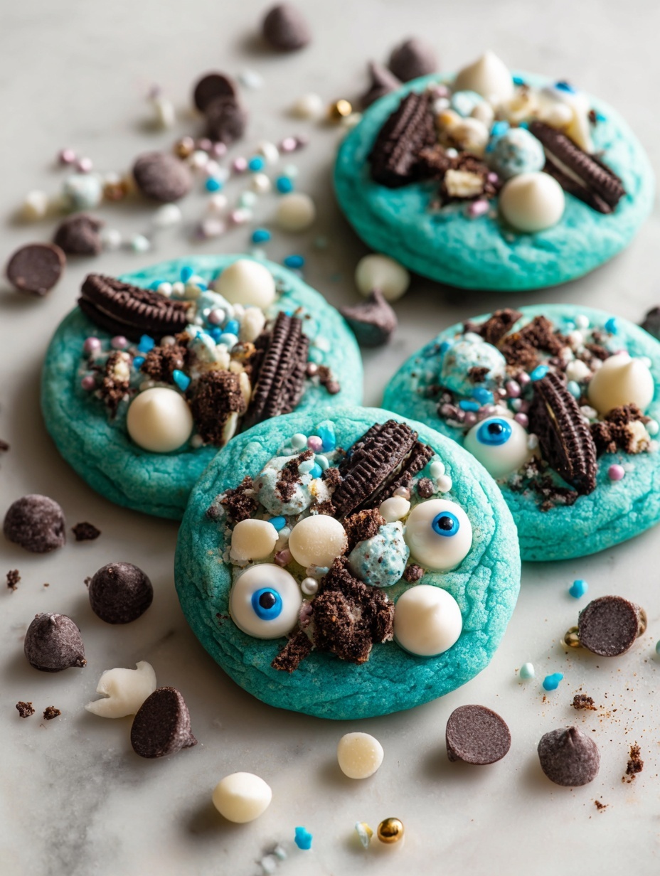The image shows a close-up of two stacked cookies with a blue-green dough. The top cookie is broken in half, revealing a rich, melted dark chocolate center that stretches between the two halves. Inside and on top of the cookies are visible chunks of white and dark chocolate mixed with pieces of cookie dough, giving a textured look with different colors: the blue-green dough, dark brown chocolate, and white chocolate spots. The cookies rest on a white marbled surface with a soft, blurred background. photo taken with an iphone --ar 2:3 --v 7