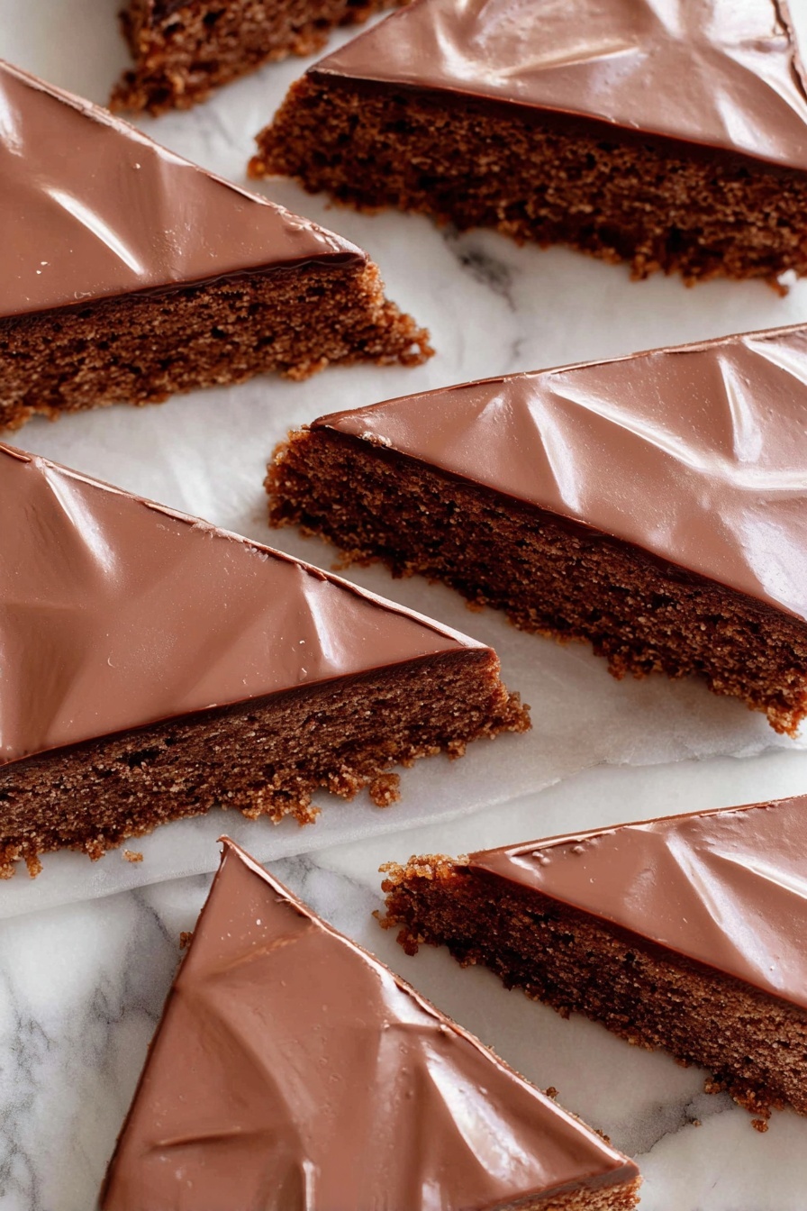 The image shows a stack of four square dessert bars on a white plate, placed on a white marbled surface. Each bar has two layers: a thick, crumbly brown bottom layer with a textured, moist appearance, and a smooth, shiny chocolate layer on top. The bars are neatly piled with the top bar slightly angled, revealing the layers clearly. Small crumbs are scattered around the plate, adding to the visual texture. photo taken with an iphone --ar 2:3 --v 7