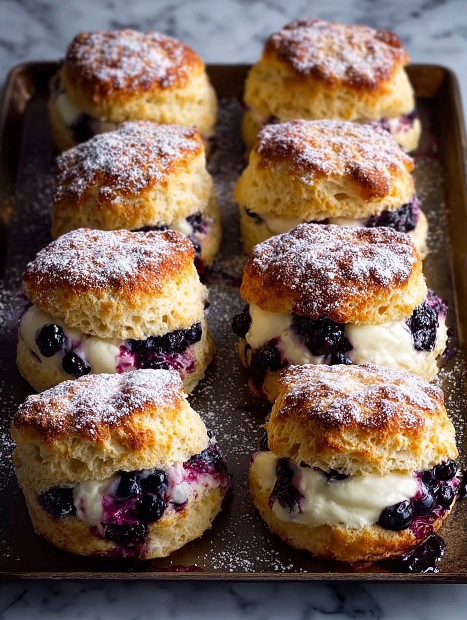 A stack of five thick, round blueberry scones sits closely on a white plate, each scone showing a golden-brown, slightly crispy top layer with a sugary shine. The middle layer is soft and light yellow, filled generously with dark purple blueberries that burst slightly, mixing with the creamy white layer of melted butter that drips gently down the sides. The edges of the scones appear crumbly and moist, contrasting with the firm top crust. In the background, a blue cup filled with a black coffee sits on a white marbled surface, creating a warm and inviting breakfast scene. photo taken with an iphone --ar 2:3 --v 7