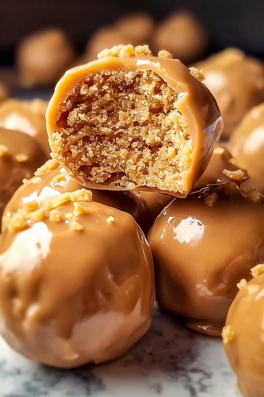 The image shows a close-up of seven round balls covered in a smooth, light brown caramel coating with small crispy bits visible on the surface. One ball on top is bitten into, showing a crumbly, dense, light beige interior with a slightly grainy texture. The caramel coating is shiny and uneven, with gentle drips on some balls. The balls are stacked closely together on a white marbled surface, with a blurred background that keeps the focus on the sweet treats. photo taken with an iphone --ar 2:3 --v 7