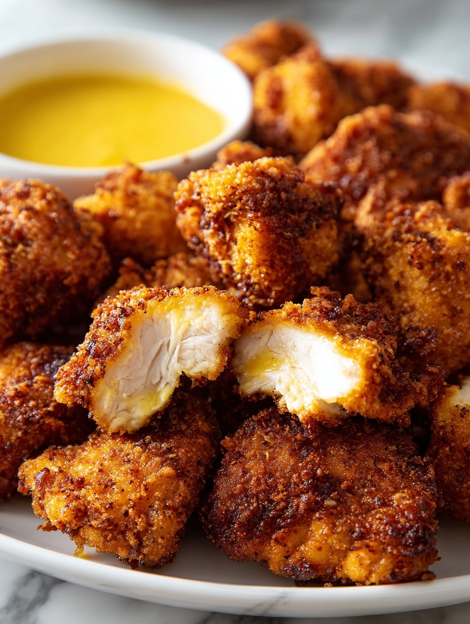 The image shows several pieces of golden-brown fried chicken with a crunchy and textured outer coating. One piece is broken open in the center, revealing the white, tender inside, which contrasts with the crispy, darker fried shell around it. The chicken pieces are closely packed together on a white marbled surface. In the background, a clear bowl filled with smooth yellow sauce is visible, adding a pop of color to the scene. The focus is sharp on the broken chicken piece, showing its detailed texture, while the other pieces are slightly blurred. photo taken with an iphone --ar 2:3 --v 7