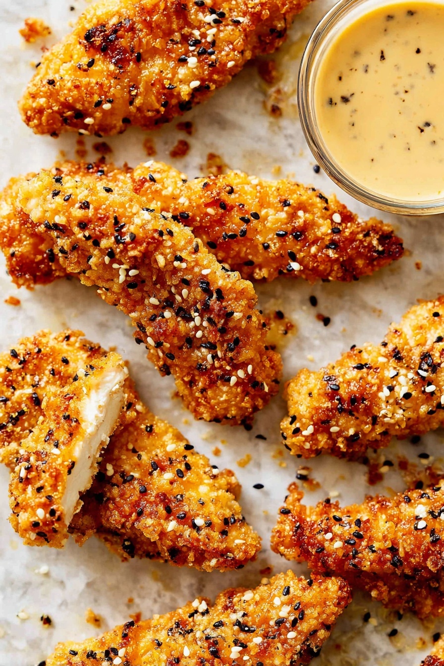 The image shows several pieces of golden-brown fried chicken tenders with a crispy texture and sprinkled with black and white sesame seeds, arranged on a white marbled surface. A clear round bowl filled with a creamy light beige dipping sauce with specks of herbs is placed near the top right corner. The chicken tenders have a rough, crunchy coating with some uneven edges, giving them a homemade appearance. Photo taken with an iphone --ar 2:3 --v 7