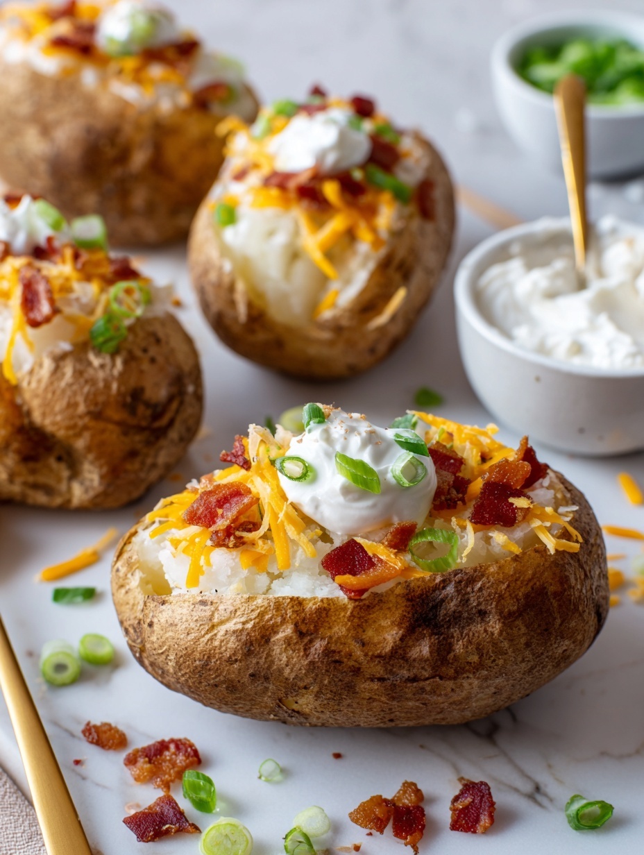 The image shows four baked potatoes on a white plate with a textured edge, placed on a white marbled surface. Each potato is split open to reveal a soft white inside, topped with a layer of shredded orange cheddar cheese, small pieces of crispy bacon, a dollop of white sour cream, and sprinkled green chopped spring onions. There is also a small white bowl with a golden spoon holding extra sour cream near the top of the image. Photo taken with an iphone --ar 2:3 --v 7