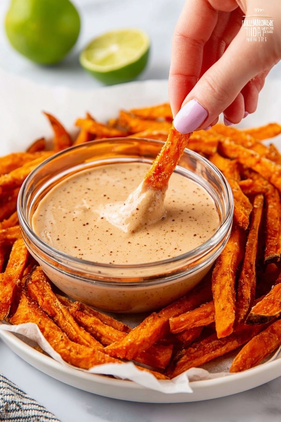 A white plate lined with light brown parchment paper holds a pile of crispy orange sweet potato fries arranged around a clear glass bowl filled with a creamy, beige dipping sauce with visible specks of seasoning. A woman's hand with white nail polish is dipping one of the fries into the sauce, partially submerged. In the background, there are two lime halves adding a touch of green color, all set on a white marbled surface. photo taken with an iphone --ar 2:3 --v 7