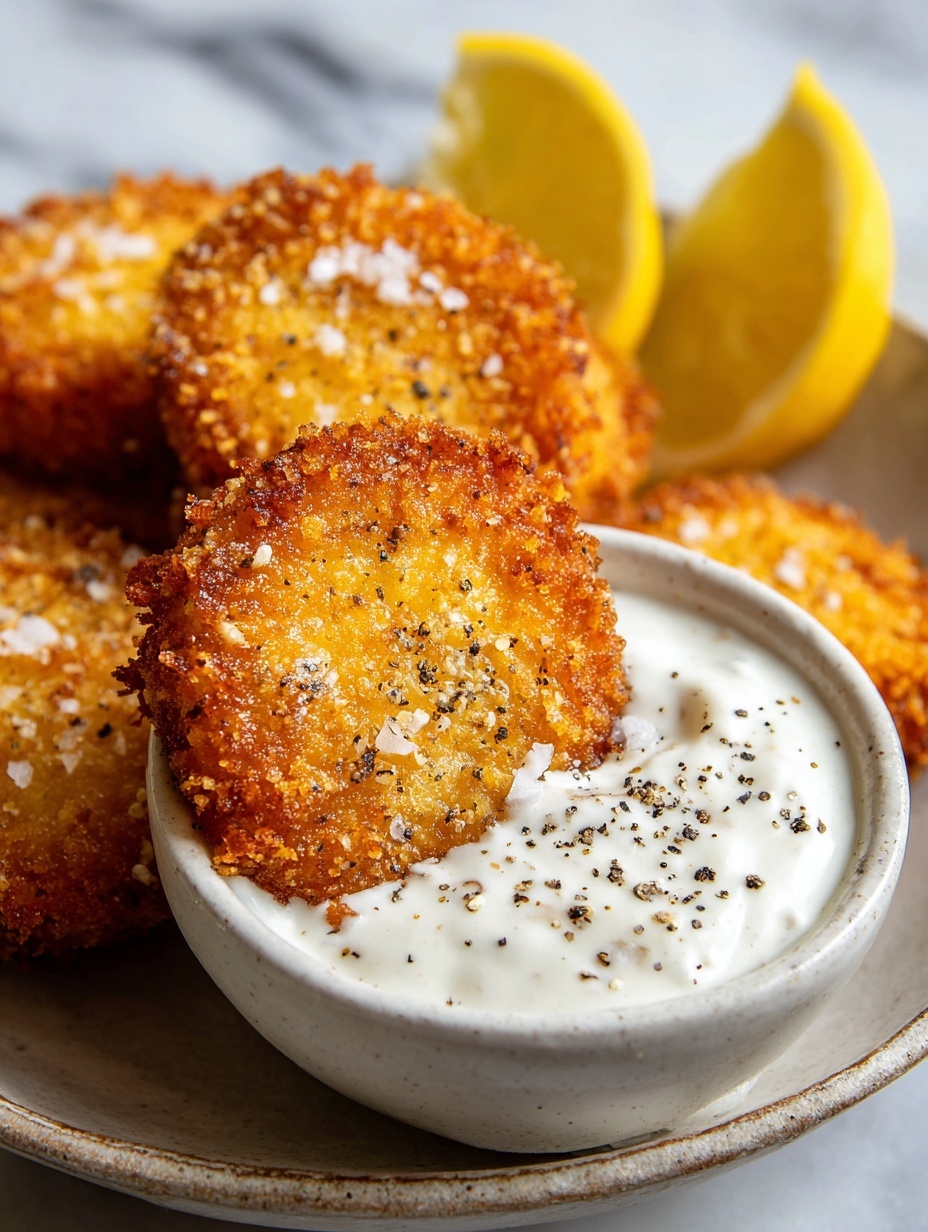A close-up shows a golden brown fried round nugget, half dipped into a small white bowl full of creamy, white sauce sprinkled with black pepper. The nugget has a crispy, textured surface with a little salt on top. In the background, there are bright yellow lemon wedges placed on a white marbled surface. The bottom part of the image shows more golden nuggets slightly out of focus. photo taken with an iphone --ar 2:3 --v 7