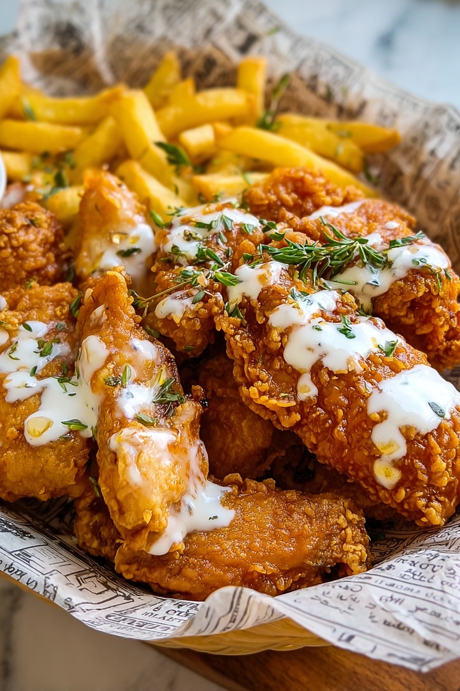 A white round plate lined with vintage-style parchment paper holds a mix of crispy fried chicken pieces and golden fries. There are two drumsticks with a crunchy light brown texture positioned near the top left, alongside three larger fried chicken pieces with a bubbly, textured golden-brown crust in the center and right side of the plate. Bright yellow fries with a smooth, slightly shiny surface rest at the bottom right, slightly overlapping the chicken. The plate sits on a wooden table with a white marbled texture background visible around the edges. Photo taken with an iphone --ar 2:3 --v 7