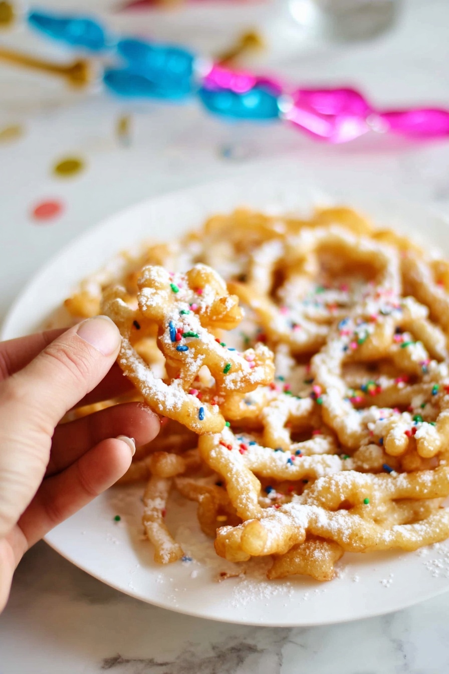 A single round funnel cake sits on a white plate, showing one layer with a lacy pattern of golden brown fried dough. The cake is dusted thickly with white powdered sugar that covers most of its surface and parts of the white plate. In the background, a white bowl filled with more powdered sugar is visible, set on a white marbled surface with a soft blue cloth beside it. The photo is taken close up with soft lighting, focusing on the texture of the funnel cake. photo taken with an iphone --ar 2:3 --v 7