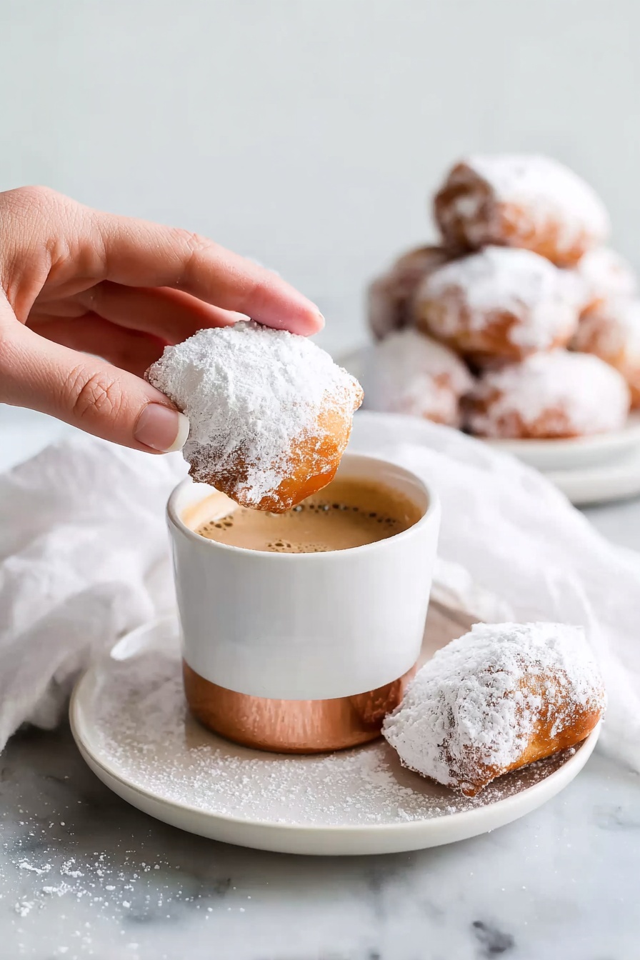 A woman's hand dipping a square-shaped, powdered sugar-covered beignet with a light brown, soft inside into light brown coffee inside a white ceramic cup with a peach-colored base. The cup is placed on a white saucer on a white marbled surface. Next to the cup, there are three more beignets, all covered in powdered sugar, resting on the saucer. In the background, slightly out of focus, is a white plate holding more powdered sugar-covered beignets and a white cloth napkin nearby. The photo taken with an iphone --ar 2:3 --v 7