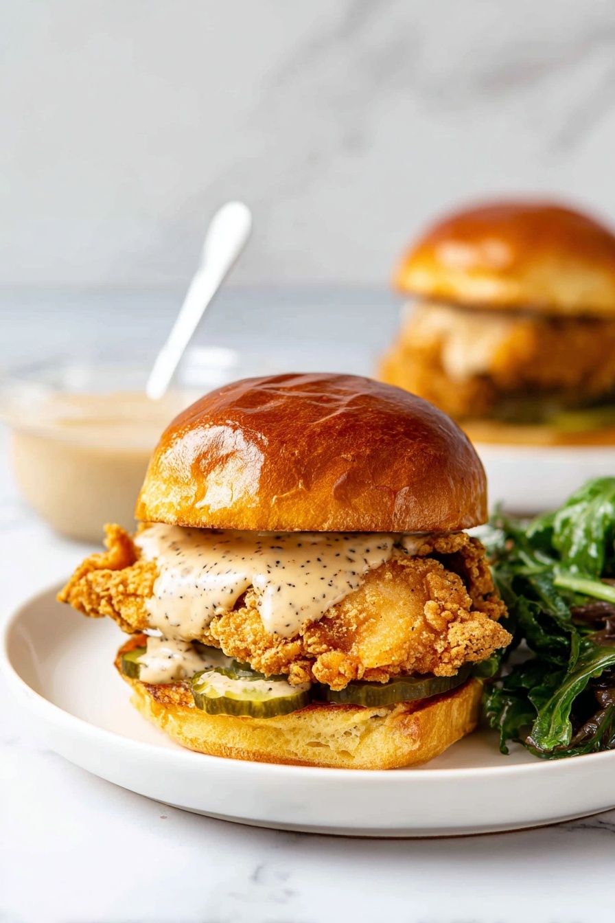 The image shows a fried chicken sandwich on a white plate, placed on a white marbled surface. The sandwich has three clear layers: the bottom is a shiny, light golden toasted bun with some grill marks, the middle layer is a crispy, golden brown fried chicken fillet with a rough, crunchy texture, and the top layer is a glossy, darker golden toasted bun. There is a creamy, light beige sauce with specks on top of the chicken and also spread thinly on the bottom bun. To the right side of the sandwich on the plate, there is some fresh green leafy kale salad. In the background, slightly blurred, there is another sandwich and a small glass container of the same sauce with a spoon inside. Photo taken with an iphone --ar 2:3 --v 7