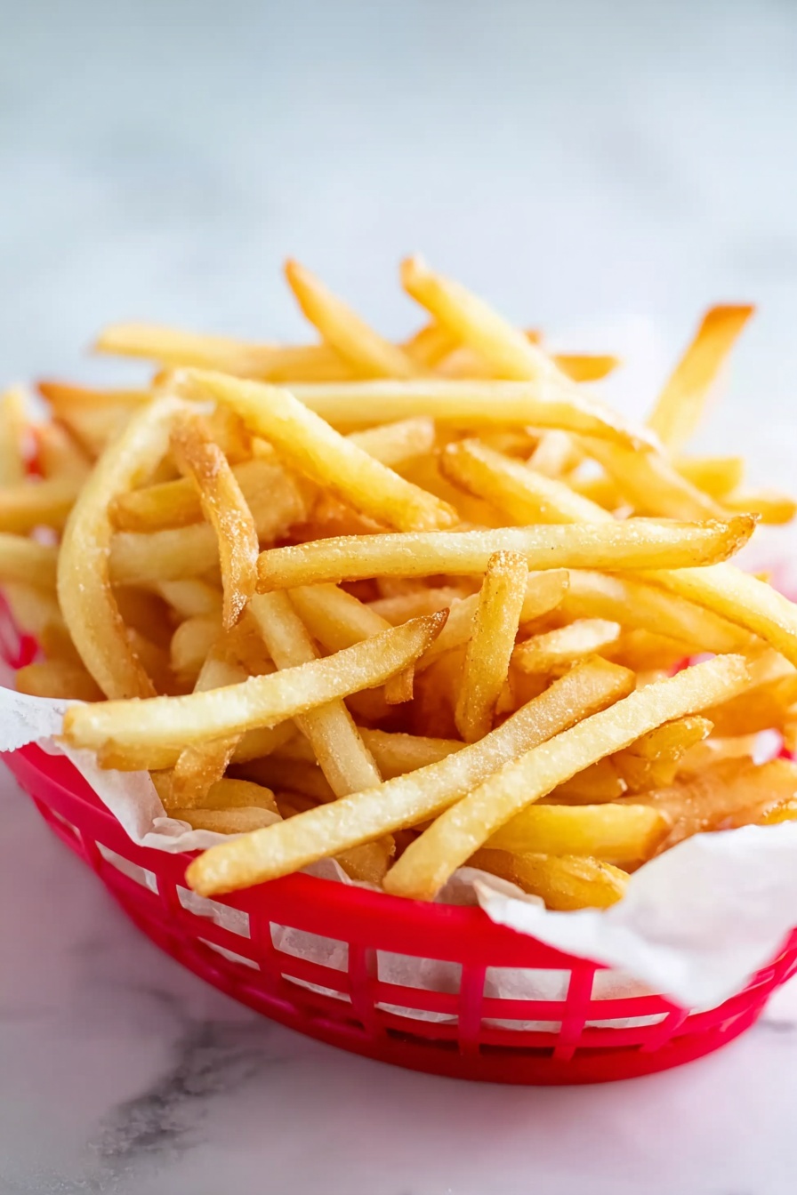A white basket lined with white paper holds a pile of thin, long, golden-brown fries. The fries have a slightly crispy texture with some showing light, golden edges and others a softer pale-yellow tone. The basket sits on a white marbled surface with a blurred, neutral background, making the fries the clear focus of the image. Photo taken with an iphone --ar 2:3 --v 7