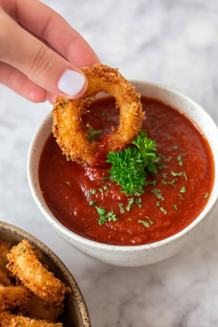 A round white bowl filled with thick red marinara sauce topped with a small bunch of fresh green parsley in the center. A woman's hand is holding a crispy, golden-brown onion ring dipped halfway into the sauce, showing its rough texture with green herb flakes on it. In the lower left corner, part of a white bowl with more onion rings is visible on a white marbled surface. photo taken with an iphone --ar 2:3 --v 7