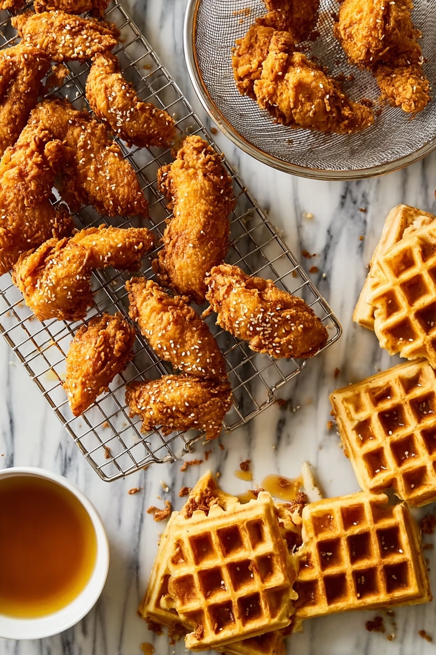 The image shows a white marbled surface with a metal cooling rack filled with golden brown, crispy fried chicken pieces evenly spaced across it. There are bright golden waffles stacked on the right side of the image in two piles. A small metal strainer holding a few more fried chicken pieces rests on the cooling rack near the bottom right. In the lower left corner, a glass bowl filled with dark syrup is partially visible. The fried chicken has a crunchy texture and an even golden color with some crumb details. The scene is bright and clear. photo taken with an iphone --ar 2:3 --v 7