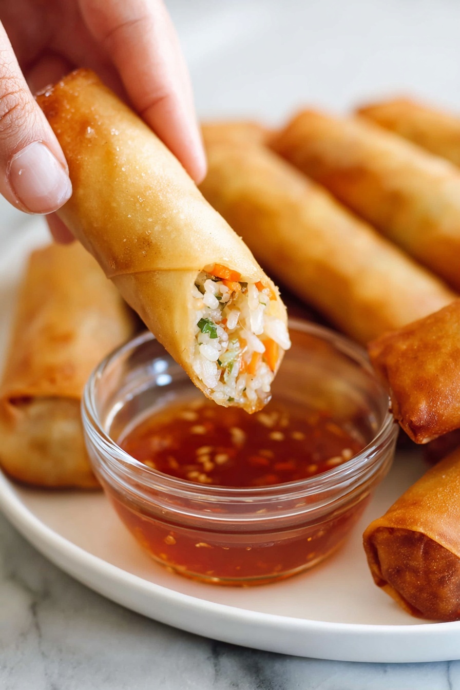 A white plate on a white marbled surface holds several golden brown egg rolls with a crispy texture. In the center of the plate is a small clear glass bowl filled with a dark reddish-brown dipping sauce. A woman's hand is dipping one egg roll into the sauce, revealing the inside which shows a mix of white noodles, orange carrot pieces, small green bits, and some light-colored filling, all tightly packed inside the egg roll wrapper. The colors are warm and inviting, with the golden exterior contrasting the colorful filling and the glossy sauce. photo taken with an iphone --ar 2:3 --v 7