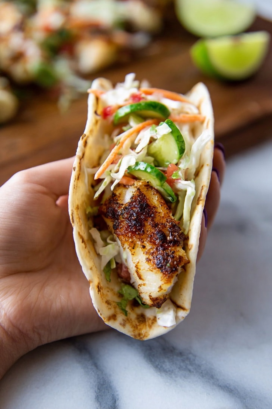 A woman's hand is holding a soft taco that has three visible layers. The outer layer is a slightly toasted tortilla with light brown char marks. Inside, the bottom layer is a piece of grilled, golden-brown fish with a crispy texture. Above the fish, a layer of fresh, shredded white cabbage and thin strips of orange carrot add a crunchy, light texture. The top layer includes slices of green cucumber and red tomato, adding fresh, juicy colors. The background is a white marbled surface with some blurred grilled food in the distance. Photo taken with an iphone --ar 2:3 --v 7
