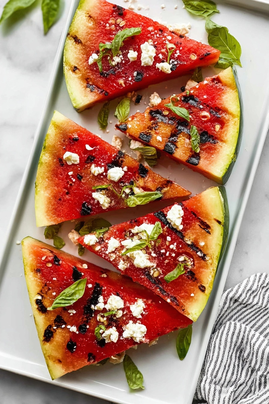 The image shows six triangular pieces of grilled watermelon arranged on a white rectangular plate. Each slice has dark grill marks across the juicy red flesh with a green and yellowish rind edge. White crumbled cheese is sprinkled over the watermelon, with fresh green basil leaves scattered on top for color contrast. The plate is set on a white marbled surface partially covered by a white cloth with thin, dark stripes. Photo taken with an iphone --ar 2:3 --v 7