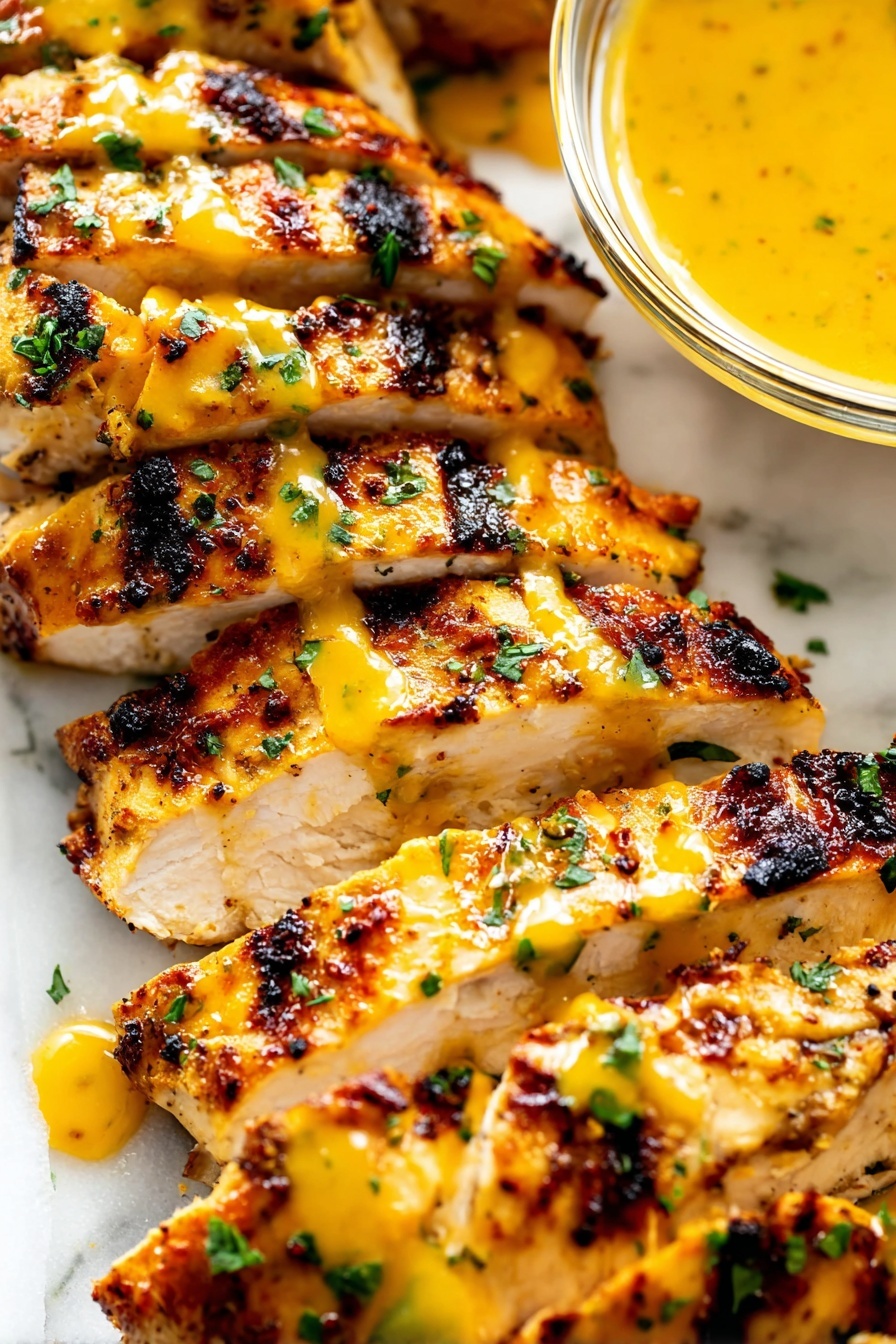 A white plate shows four grilled chicken pieces with a golden-orange sauce glaze, each piece sprinkled with small green herb bits. The chicken has clear char grill marks and a shiny, moist texture. Under and around the chicken is a mixed salad with shredded white cabbage, lettuce, thin orange carrot strips, and dark green leafy herbs. On the right side of the plate, a clear small glass bowl with golden-orange dressing is placed. The plate sits on a white marbled surface. photo taken with an iphone --ar 2:3 --v 7