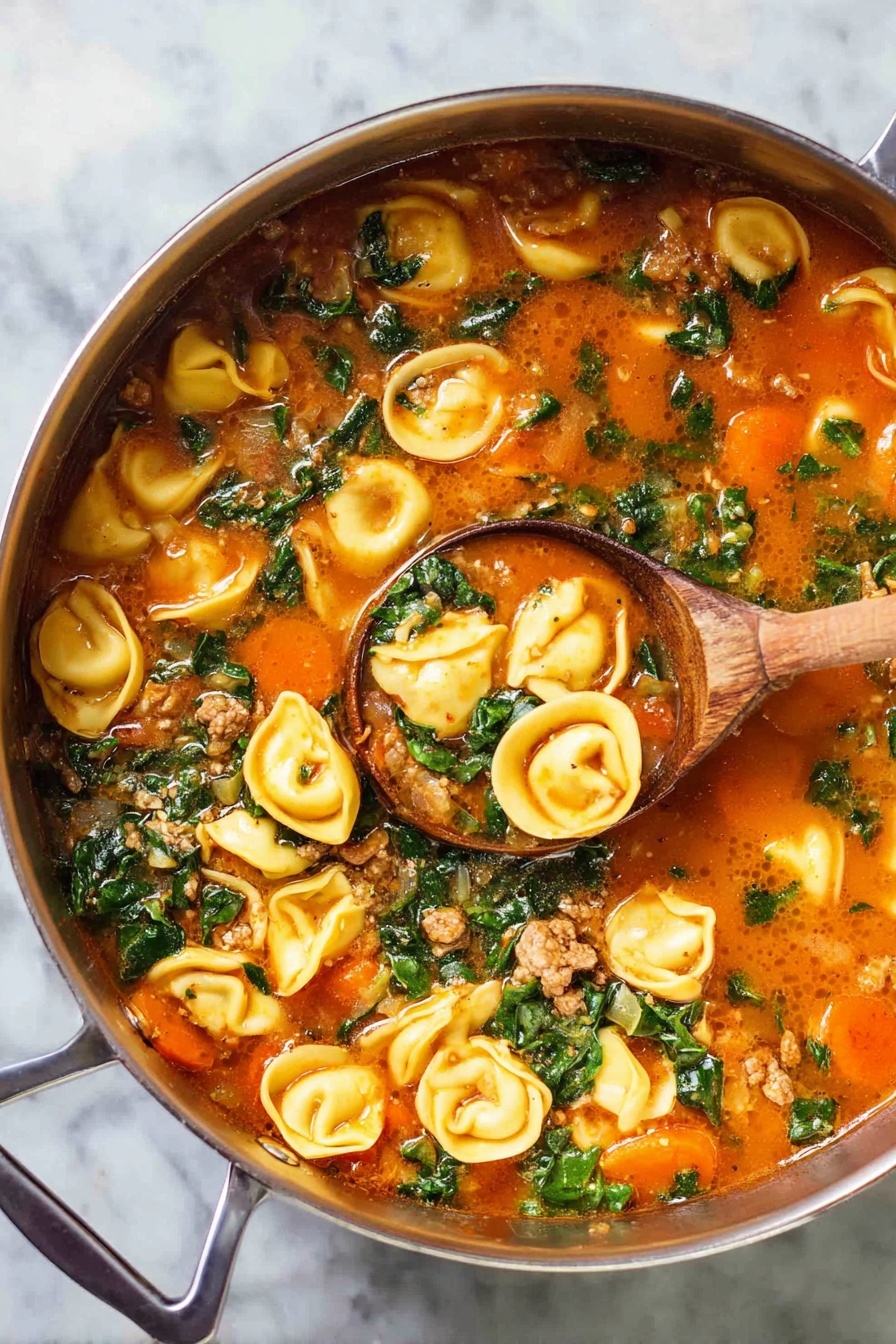 This image shows a silver pot filled with a colorful soup. The soup has many layers: a bright orange broth with tiny bubbles on top, filled with small, round tortellini pasta that is pale yellow. There are pieces of leafy green kale floating through the soup, along with small bits of brown ground meat and sliced carrot chunks. A wooden spoon is partially dipped into the soup, showing some tortellini and kale, and the pot has light green handles. The pot sits on a white marbled surface. photo taken with an iphone --ar 2:3 --v 7