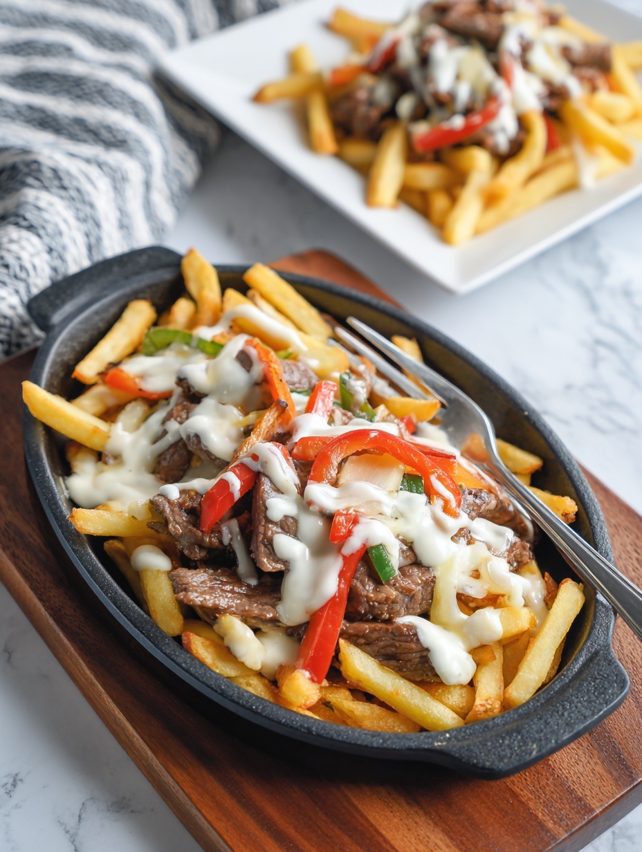 The image shows a black cast iron skillet on a wooden board filled with a dish made of fries, pieces of cooked beef, and sliced red and green bell peppers. The fries are golden and crispy, layered with tender dark brown beef strips and colorful bell peppers, all covered with melted white cheese sauce dripping over the ingredients. Next to the skillet is a small white square plate containing a similar portion of this mix, with a fork resting on it, placed on a beige textured fabric. Two silver forks are placed inside the skillet, ready to serve. The whole scene is set on a white marbled surface with a gray and white striped cloth napkin in the top left corner. photo taken with an iphone --ar 2:3 --v 7