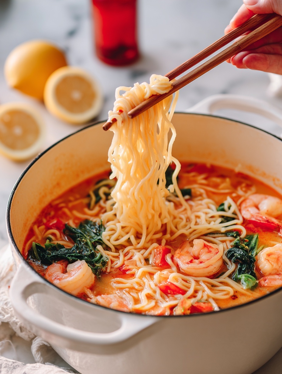 A white plate with a blue decorative rim holds a pile of light brown noodles, coated evenly with sauce, forming the bottom layer. On top of the noodles are several medium-sized cooked shrimp, orange-tinted and glazed with sauce, scattered evenly across the dish. Sprinkled over the shrimp and noodles are white sesame seeds and small pieces of chopped green onion, adding texture and color contrast. A few green cilantro leaves are placed around the shrimp, giving a fresh look. In the background, a pair of brown chopsticks rests on the edge of the plate, which is set on a white marbled surface. Photo taken with an iphone --ar 2:3 --v 7