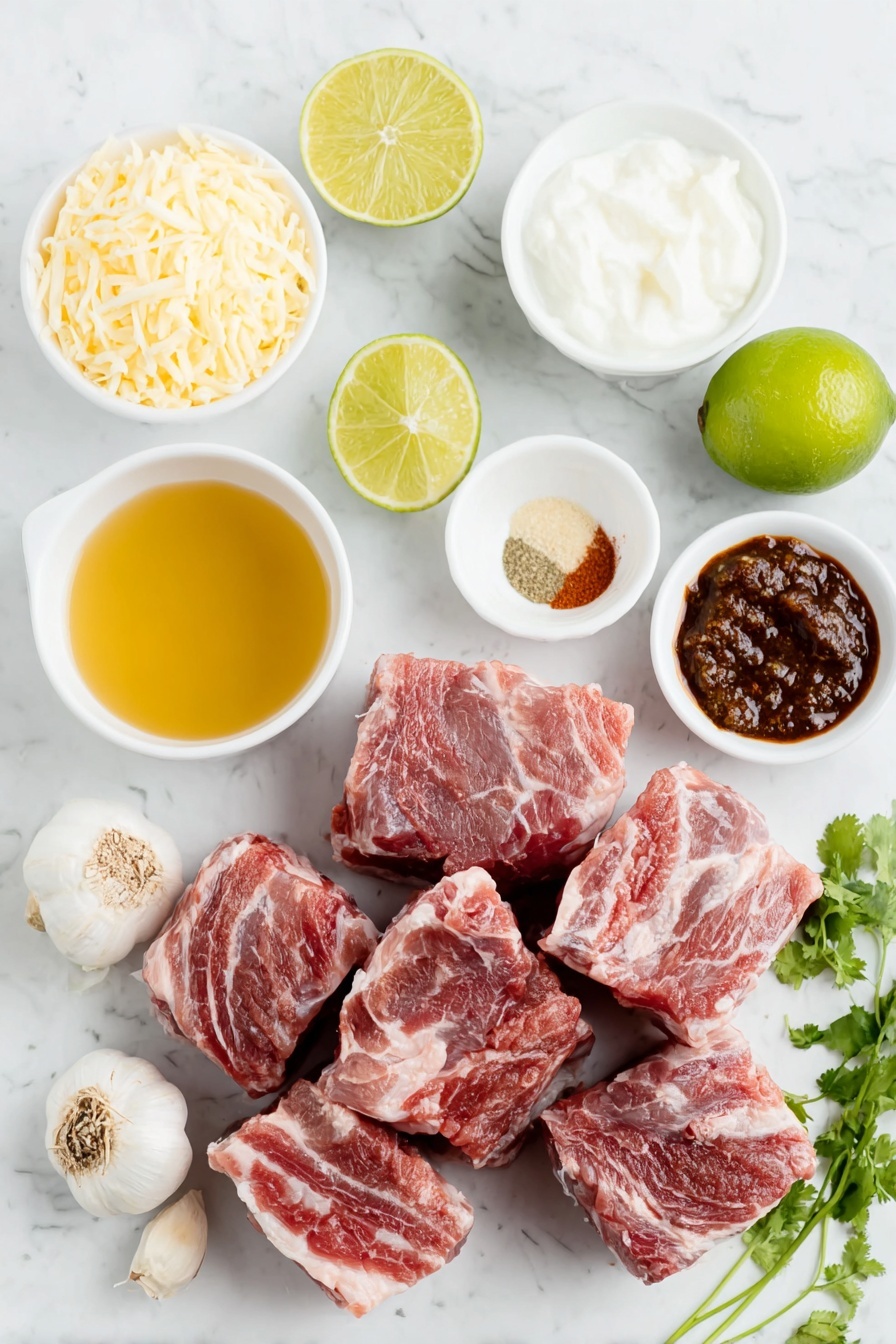 Flat lay of boneless pork shoulder chunks with marbling and natural fat, a medium whole white onion, fresh whole garlic bulbs with some cloves separated, two bright green whole limes, peeled orange segments and a small white bowl of fresh orange juice, a small white bowl of clear chicken broth, a small white ceramic bowl holding a mixed spice blend of chili powder, ground cumin, dried oregano, smoked paprika, salt, pepper, and cayenne pepper in warm reddish and brown tones, a stack of white corn tortillas, a small white bowl filled with shredded cheddar cheese in bright orange color, a small white bowl of creamy white Greek yogurt, two fresh whole chipotle peppers in deep red color, a small white bowl with reddish adobo sauce, a small white bowl with minced garlic, a small white bowl with ground cumin powder, fresh cracked black peppercorns scattered near a small white bowl with salt, and a handful of fresh vibrant green cilantro sprigs placed on a clean white marble surface, soft natural light, photo taken with an iPhone, professional food photography style, fresh ingredients, white ceramic bowls, no bottles, no duplicates, no utensils, no packaging --ar 2:3 --v 7 --p m7354615311229779997